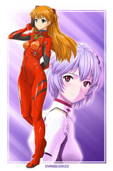 Rule 34 | 1girl, armpits, arms behind back, ass, ayanami rei, blue eyes, blue hair, bodysuit, breasts, brown hair, cowboy shot, curvy, evangelion: 2.0 you can (not) advance, full body, gloves, hair between eyes, hand in own hair, highres, long hair, looking at viewer, looking back, looking to the side, narrow waist, necktie, neon genesis evangelion, plugsuit, rebuild of evangelion, red eyes, shiny clothes, shiny skin, short hair, simple background, skin tight, smile, souryuu asuka langley, thighs, title, two side up, upper body, wide hips