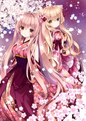 Rule 34 | 2girls, animal ear fluff, animal ears, bare shoulders, bow, breasts, brown hair, cat ears, closed mouth, clothing cutout, commentary request, floral print, flower, hair bow, hair flower, hair ornament, japanese clothes, juliet sleeves, kimono, large breasts, light brown hair, long hair, long sleeves, looking at viewer, looking back, multiple girls, nanase kureha, nanase nao, original, print kimono, puffy sleeves, purple skirt, red bow, red kimono, shoulder cutout, skirt, sleeves past fingers, sleeves past wrists, smile, two side up, very long hair, white flower, wide sleeves
