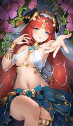 Rule 34 | 1girl, absurdres, armlet, bare shoulders, blue eyes, blue skirt, blush, breasts, cowboy shot, crop top, flower, genshin impact, gold trim, highres, horns, janload1ng, jewelry, knee up, leaf, long hair, looking at viewer, lying, lying on water, medium breasts, navel, neck ring, nilou (genshin impact), on back, outstretched hand, parted bangs, parted lips, pink flower, red hair, skirt, solo, stomach, thighlet, thighs, veil, vision (genshin impact), water, wet