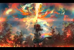 Rule 34 | 1girl, apron, blue eyes, blue hair, boots, colorful, dress, fire, flaming sword, flaming weapon, hat, highres, hinanawi tenshi, letterboxed, long hair, matching hair/eyes, nani kore (wjstpwls4), solo, sunset, sword of hisou, touhou, tree