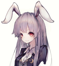 Rule 34 | 1girl, absurdres, animal ears, bad id, bad pixiv id, blazer, breasts, buttons, closed mouth, collared shirt, crescent, crescent pin, cropped arms, dress shirt, highres, hito komoru, jacket, long hair, looking at viewer, medium breasts, purple hair, rabbit ears, red eyes, reisen udongein inaba, shirt, simple background, solo, touhou, upper body, white background, wing collar