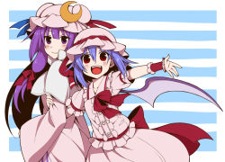 Rule 34 | 2girls, holding another&#039;s arm, blue hair, blush, crescent, eichi yuu, friends, hair ribbon, hat, long hair, looking at viewer, mob cap, multiple girls, open mouth, outstretched arm, patchouli knowledge, purple eyes, purple hair, red eyes, remilia scarlet, ribbon, short hair, smile, striped, striped background, touhou, tress ribbon, wings, wrist cuffs