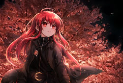 Rule 34 | 1girl, belt, belt buckle, black belt, black jacket, blush, buckle, closed mouth, commentary request, hair between eyes, jacket, jewelry, long hair, long sleeves, looking away, open clothes, open jacket, pendant, red eyes, red hair, shakugan no shana, shana, smile, solo, tachitsu teto, tree, very long hair
