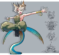 Rule 34 | 1girl, :d, amulet, armlet, armpits, balancing on tail, bishaten, blonde hair, blue feathers, breasts, buried, chinese clothes, clawed feet, claws, fang, feathers, grey background, happy, highres, horns, jari (1986), jewelry, looking at viewer, looking to the side, medium breasts, monster girl, monster hunter (series), multicolored hair, open mouth, outstretched arms, personification, ring, shaking, sideboob, simple background, single horn, smile, solo, sparkle, spinning, sweat, tail, two-tone hair, yellow eyes