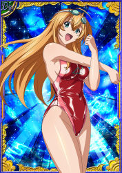 Rule 34 | 00s, 1girl, bare legs, breasts, card (medium), curvy, female focus, happy, ikkitousen, large breasts, long hair, looking at viewer, one-piece swimsuit, open mouth, shiny skin, smile, sonsaku hakufu, swimsuit
