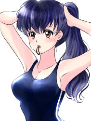 Rule 34 | 1girl, armpits, arms up, blue hair, blue one-piece swimsuit, breasts, cleavage, collarbone, daytodaydesire, higurashi kagome, inuyasha, long hair, medium breasts, mouth hold, one-piece swimsuit, red eyes, school swimsuit, sideboob, simple background, solo, swimsuit, tying hair, upper body, very long hair, white background