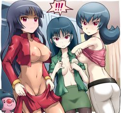 Rule 34 | !, !!, 00s, 3girls, ass, black bodysuit, black hair, bodysuit, breasts, cameltoe, covered erect nipples, creatures (company), game freak, gen 4 pokemon, gym leader, large breasts, long hair, mime jr., multiple girls, multiple persona, nintendo, nipples, no bra, nude filter, pantyhose, pokemoa, pokemon, pokemon (creature), pokemon frlg, pokemon hgss, red eyes, sabrina (pokemon), see-through, third-party edit, tsurime, uncensored, undressing