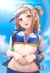 Rule 34 | 1girl, absurdres, alternate hairstyle, bare shoulders, bikini, black sleeves, blue bikini, blue sky, blue trim, blurry, blurry background, blush, breasts, brown eyes, collarbone, covering navel, detached sleeves, dot nose, hair tie, hands on own stomach, highres, idolmaster, idolmaster shiny colors, idolmaster shiny colors song for prism, inumantle, jacket, large breasts, light brown hair, looking at viewer, medium hair, one side up, open clothes, open jacket, open mouth, rainbow gradient, sakuragi mano, single detached sleeve, sky, sleeveless, sleeveless jacket, solo, sun, sweat, swimsuit, upper body, visor cap