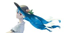 Rule 34 | 1girl, as scolipede, blue hair, closed mouth, collared shirt, commentary, expressionless, floating hair, food, fruit, hat, highres, hinanawi tenshi, leaf hat ornament, long hair, looking at viewer, looking to the side, peach, peach hat ornament, red eyes, shirt, short sleeves, simple background, solo, symbol-only commentary, touhou, upper body, white background, white shirt, wind