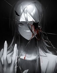 Rule 34 | 1girl, absurdres, blood, broken mirror, closed mouth, coat, crack, dark background, double-parted bangs, expressionless, fingernails, greyscale, hair between eyes, hand up, highres, jacket, kakubi neu, light frown, long hair, looking at viewer, mirror, mole, mole under eye, monochrome, open clothes, open coat, open jacket, original, outstretched hand, portrait, shirt, solo, spot color