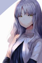 Rule 34 | 1girl, artist name, brown eyes, caren hortensia, closed mouth, dress, eyebrows, fate/hollow ataraxia, fate (series), hews, layered sleeves, long hair, long sleeves, pale skin, short over long sleeves, short sleeves, silver hair, smile, solo, sunlight, sweater, tsurime, upper body, very long hair, wavy hair, white dress