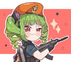 Rule 34 | 1girl, animal ears, blush stickers, cat ears, commentary, delutaya, drill hair, english commentary, fake animal ears, green hair, gun, hair ornament, hairclip, holding, holding weapon, indie virtual youtuber, kukie-nyan, looking at viewer, rabbit ears, rifle, smirk, smug, solo, triangle hair ornament, twin drills, twintails, valorant, virtual youtuber, weapon