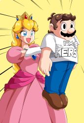 Rule 34 | 1boy, 1girl, blonde hair, brooch, brown hair, carrying, carrying person, crown, dress, earrings, expressionless, facial hair, gloves, grin, highres, holding, jewelry, long hair, looking at another, mario, mario (series), mustache, nintendo, open mouth, pink dress, princess peach, smile, standing, super mario bros. 1