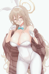 Rule 34 | 1girl, akane (blue archive), akane (bunny) (blue archive), aqua bow, aqua bowtie, bare shoulders, black-framed eyewear, blue archive, bow, bowtie, breasts, brown eyes, brown hair, cleavage, detached collar, gatchapowa, glasses, gloves, grey background, hair between eyes, halo, highres, large breasts, leotard, long hair, looking at viewer, pantyhose, playboy bunny, simple background, smile, solo, white gloves, white pantyhose
