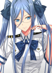 Rule 34 | 1girl, aoki hagane no arpeggio, bespectacled, blue eyes, blue hair, blue ribbon, breast pocket, breasts, glasses, hair between eyes, highres, long hair, looking at viewer, luzi, medium breasts, military, military uniform, mole, mole under mouth, naval uniform, pocket, ribbon, simple background, smile, solo, takao (aoki hagane no arpeggio), twintails, uniform, upper body, white background