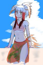 Rule 34 | 1girl, alternate costume, alternate hairstyle, bikini, black hair, blush, collarbone, commentary request, highres, japanese crested ibis (kemono friends), kemono friends, looking at viewer, midriff, navel, obsession36, ponytail, red bikini, red hair, red sarong, sarong, see-through, shirt, short hair, short sleeves, sidelocks, solo, swimsuit, white hair, white shirt, yellow eyes