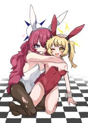 Rule 34 | 2girls, absurdres, animal ears, black horns, black pantyhose, blonde hair, blue archive, blue halo, blush, checkered floor, demon horns, fake animal ears, grey eyes, halo, heart, highres, horns, ibuki (blue archive), iroha (blue archive), je o mo, leotard, long hair, multiple girls, one eye closed, open mouth, pantyhose, rabbit ears, red hair, red leotard, side ponytail, simple background, smile, white background, white leotard, yellow eyes, yellow halo