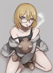 Rule 34 | 1girl, black tank top, blonde hair, blue eyes, cigarette, collarbone, glasses, grey background, grey jacket, hair between eyes, highres, jacket, jacket partially removed, off shoulder, open clothes, open jacket, original, short hair, shorts, simple background, sitting, smoke, smoking, solo, strap slip, stuffed animal, stuffed toy, tabao, tank top, teddy bear