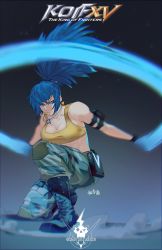 Rule 34 | 1girl, armlet, artist name, bare shoulders, belt, blue eyes, blue hair, boots, breasts, camouflage, camouflage pants, cargo pants, combat boots, dog tags, earrings, highres, jewelry, leona heidern, logo, metalhanzo, pants, ponytail, pouch, signature, slashing, sleeveless, snk, solo, squatting, tank top, the king of fighters, the king of fighters xv, triangle earrings, yellow tank top