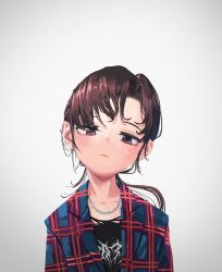 Rule 34 | 1girl, absurdres, bad id, bad twitter id, blue jacket, blush, brown eyes, brown hair, chain, chain necklace, closed mouth, clothes writing, earclip, earrings, gishiki (gshk), grey background, head tilt, highres, jacket, jewelry, long hair, looking at viewer, necklace, original, ponytail, simple background, smile, solo, striped clothes, striped jacket, upper body