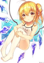 Rule 34 | 1girl, absurdres, ahoge, ass, bad id, bad pixiv id, bare arms, bare shoulders, blonde hair, blush, breasts, commentary request, competition school swimsuit, crystal, flandre scarlet, full body, hair between eyes, highres, knees up, looking at viewer, nenobi (nenorium), no headwear, no headwear, no shoes, one-piece swimsuit, red eyes, school swimsuit, short hair, side ponytail, sitting, small breasts, solo, swimsuit, thighhighs, thighs, touhou, translation request, white background, white thighhighs, wings