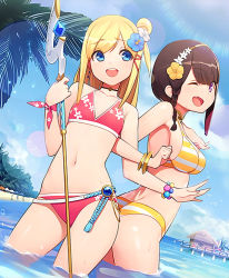 Rule 34 | 10s, 2girls, :d, ;d, ass, back, back-to-back, beach, beach umbrella, belt, belt skirt, bikini, bird, black hair, blonde hair, blue eyes, bracelet, braid, breasts, brown hair, choker, cleavage, cloud, collarbone, contrapposto, day, dimples of venus, dutch angle, earrings, fang, floral print, flower, gem, hair flower, hair ornament, hair ribbon, hairband, happy, hibiscus, holding, holding weapon, jewelry, large breasts, lens flare, light rays, locked arms, long hair, looking at viewer, looking back, multiple girls, navel, neck ring, ocean, one eye closed, one side up, open mouth, outdoors, outstretched arm, palm tree, parted bangs, pink bikini, pointing, print bikini, purple eyes, raised eyebrows, resort mage, ribbon, shingeki no bahamut, short hair, short hair with long locks, side braid, sideboob, sidelocks, sky, small breasts, smile, ssberit, staff, standing, striped bikini, striped clothes, sunbeam, sunlight, swept bangs, swimsuit, tassel, tree, tress ribbon, umbrella, wading, water, weapon, wet, white bikini, wrist ribbon, yellow bikini