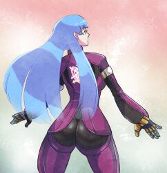 Rule 34 | 1girl, ass, backboob, bardothodol, blue hair, breasts, from behind, gloves, highres, huge ass, kula diamond, large breasts, legs, long hair, red eyes, snk, solo, the king of fighters, thick thighs, thighs
