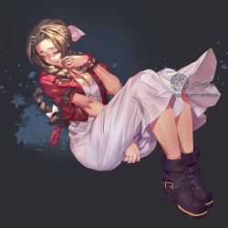 Rule 34 | 1girl, aerith gainsborough, artist name, bangle, between legs, boots, bracelet, braid, braided ponytail, breasts, brown footwear, brown hair, choker, closed eyes, cropped jacket, dress, final fantasy, final fantasy vii, final fantasy vii remake, flower, full body, grey background, hair ribbon, hand between legs, hand on own face, jacket, jet kimchrea, jewelry, long dress, medium breasts, parted bangs, parted lips, pink dress, pink ribbon, red jacket, ribbon, short sleeves, sidelocks, simple background, solo, square enix