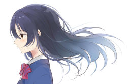 Rule 34 | 1girl, bad id, bad pixiv id, blue hair, blush, commentary request, floating hair, from side, hair between eyes, long hair, looking at viewer, love live!, love live! school idol project, otonokizaka school uniform, school uniform, simple background, solo, sonoda umi, totoki86, white background, yellow eyes