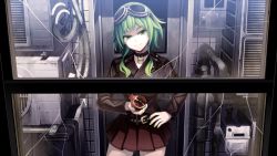 Rule 34 | 1girl, collar, food, fruit, goggles, goggles on head, green eyes, green hair, gumi, hand on own hip, lock, looking at viewer, padlock, pomegranate, short hair with long locks, skirt, smile, solo, torigoe takumi, vocaloid, window