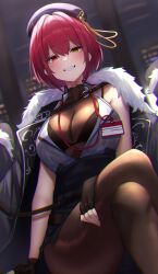 Rule 34 | beret, breasts, cleavage, crossed legs, fingerless gloves, gloves, grin, hat, heterochromia, highres, hololive, houshou marine, houshou marine (businesswoman), jacket, jacket on shoulders, lanyard, large breasts, looking at viewer, menmen (menmen13s), official alternate costume, open clothes, open shirt, pantyhose, red eyes, red hair, see-through, short hair, sitting, smile, solo, virtual youtuber, yellow eyes
