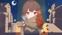 Rule 34 | 1girl, black dress, blue sky, blush, bouquet, breasts, brown hair, brown shirt, cheli (kso1564), commentary request, copyright request, covered mouth, crescent moon, dress, flower, gradient hair, grey hair, hair flower, hair intakes, hair ornament, hand up, highres, holding, holding bouquet, lamppost, long sleeves, looking at viewer, medium breasts, moon, multicolored hair, official art, petals, red eyes, red flower, shirt, sky, solo