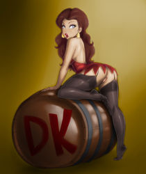 Rule 34 | 1girl, ass, barrel, black leggings, black thighhighs, blue eyes, brown hair, cleft of venus, collaboration, colorized, donkey kong (1981 game), donkey kong (series), dress, earrings, eyelashes, eyeshadow, garter straps, highres, jewelry, leaning forward, leggings, lips, lipstick, lm (legoman), long hair, looking at viewer, looking back, makeup, mario (series), nintendo, no panties, open mouth, pauline (mario), puckered lips, pussy, red dress, short dress, simple background, solo, soubriquetrouge, super mario bros. 1, thighhighs, thighs, tiptoes, uncensored