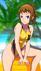 Rule 34 | 1girl, aiuti, ball, blue eyes, breasts, brown hair, unworn clothes, collarbone, commentary request, competition swimsuit, day, exercise ball, gundam, gundam build fighters, gundam build fighters try, highleg, highleg swimsuit, highres, hoshino fumina, looking at viewer, medium breasts, one-piece swimsuit, outdoors, palm tree, ponytail, scrunchie, short hair, sitting, smile, solo, swimsuit, tree, yellow one-piece swimsuit