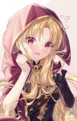 Rule 34 | 1girl, blonde hair, blush, cape, commentary request, earrings, embarrassed, ereshkigal (fate), fate/grand order, fate (series), flying sweatdrops, hands up, highres, hood, hood up, jewelry, long hair, long sleeves, looking at viewer, nattsu (nattu888 8), open mouth, parted bangs, red eyes, single sleeve, solo, teeth, upper body, upper teeth only