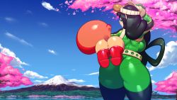 Rule 34 | 0r0ch1, 1girl, absurdres, ass, asui tsuyu, bodysuit, boku no hero academia, bow-shaped hair, carrying, cherry blossoms, cloud, cowboy shot, gloves, goggles, goggles on head, green bodysuit, hair rings, highres, huge ass, latex, latex bodysuit, long hair, low-tied long hair, mount fuji, mountain, my little pony, thick thighs, thighs
