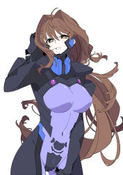 Rule 34 | 1girl, ahoge, armored bodysuit, bodysuit, breasts, brown eyes, brown hair, covered navel, fortified suit, hair intakes, highres, impossible bodysuit, impossible clothes, jinguuji marimo, kamon rider, large breasts, long hair, looking at viewer, muv-luv, muv-luv alternative, open mouth, pilot suit, science fiction, see-through bodysuit, skin tight, smile, solo, very long hair