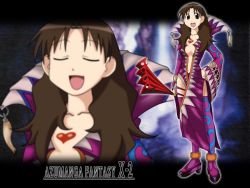 Rule 34 | 1girl, azufan, azumanga daiou, boots, brown eyes, brown hair, closed eyes, cosplay, crossover, dress, final fantasy, final fantasy x, final fantasy x-2, folding fan, hand fan, heart, high heels, leblanc, leblanc (cosplay), leblanc (ff10), leblanc (ff10) (cosplay), long hair, looking at viewer, multiple views, niinii, open mouth, parody, projected inset, purple footwear, shoes, smile, tanizaki yukari, teacher, trait connection, zoom layer