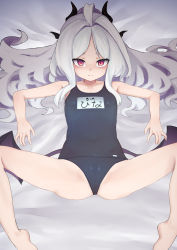 Rule 34 | 1girl, 3:, absurdres, alternate eye color, ass, bed sheet, blue archive, blue one-piece swimsuit, collarbone, commentary request, demon girl, demon horns, demon wings, forehead, grey hair, groin, hair ornament, hairclip, highres, hina (blue archive), hina (swimsuit) (blue archive), horns, jack (darkshero), long hair, looking at viewer, lying, old school swimsuit, on back, one-piece swimsuit, one side up, outstretched arms, red eyes, school swimsuit, sidelocks, simple background, solo, spread arms, spread legs, swimsuit, translation request, wings