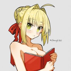 1girl bare_arms bare_shoulders blonde_hair blush book breasts collarbone fate/dream_striker fate/extra fate/extra_ccc fate/grand_order fate_(series) green_eyes hair_between_eyes hair_bun hair_ribbon highres holding holding_book hugging_book hugging_object large_breasts long_hair looking_at_viewer nero_claudius_(fate) nude red_ribbon ribbon simple_background solo zhang5180