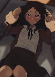 Rule 34 | 1boy, 1girl, black hair, black ribbon, black skirt, blush, brown eyes, brown jacket, commentary, english commentary, hetero, highres, holding another&#039;s wrist, jacket, lisa (faeuna), long hair, long sleeves, looking at viewer, lying, neck ribbon, on back, open clothes, open jacket, original, parted lips, pov, pov hands, ribbon, shirt, skirt, solo focus, sweat, white shirt