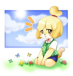 Rule 34 | 1girl, animal crossing, blush, bug, butterfly, female focus, flower, gradient background, insect, isabelle (animal crossing), nintendo, nukomax, outdoors, sky, solo, tagme