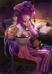 Rule 34 | 1girl, :o, absurdres, blue bow, blue ribbon, book, book stack, bookshelf, bow, breasts, candle, chair, character doll, clip studio paint (medium), commentary request, crescent, crescent pin, cup, desk, foreshortening, giving, hat, hat ribbon, highres, incoming drink, ink bottle, kashiwagi (pixiv35005989), kirisame marisa, library, light, long hair, long sleeves, looking at viewer, medium breasts, mob cap, open book, open mouth, paper, patchouli knowledge, plate, purple eyes, purple hair, ribbon, sitting, solo, steam, striped, stuffed toy, tea, teacup, teapot, tile floor, tiles, touhou, very long hair