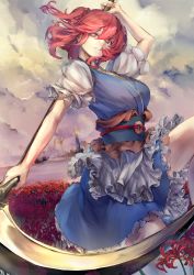 Rule 34 | 1girl, absurdres, asllapistone, blue dress, breasts, cloud, coin, dress, flower, hair bobbles, hair ornament, highres, holding, holding scythe, large breasts, looking at viewer, obi, onozuka komachi, outdoors, parted lips, red eyes, red flower, red hair, sash, scythe, short hair, short sleeves, solo, spider lily, touhou, two side up