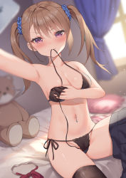 Rule 34 | 1girl, alexmaster, arm up, armpits, bare arms, bare shoulders, black bra, black panties, black skirt, black thighhighs, blurry, bra, breasts, brown hair, cleavage, collarbone, depth of field, groin, hair ornament, hair scrunchie, long hair, looking at viewer, medium breasts, mouth hold, navel, navel piercing, open bra, original, outstretched arm, panties, piercing, pleated skirt, purple eyes, scrunchie, selfie, side-tie panties, skirt, smug, solo, stomach, string bra, string panties, stuffed animal, stuffed toy, teddy bear, thighhighs, thighs, twintails, underwear, underwear only, open bra, v-shaped eyebrows