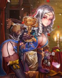 Rule 34 | 1girl, alcohol, arm support, breasts, candle, chalice, cleavage, cup, dantewontdie, flower, food, garter straps, heterochromia, large breasts, looking at viewer, parted lips, petals, red eyes, ribbon, smile, solo, thighhighs, white hair, wine, yellow eyes