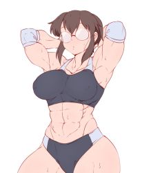 Rule 34 | 1girl, abs, armpits, breasts, collarbone, covered erect nipples, elbow pads, exercise, glasses, hanzo (2929), highres, large breasts, meat day, muscular, muscular female, navel, parted lips, short hair, sidelocks, simple background, sports bra, sweat, thick thighs, thighs, toned, white background