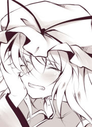 Rule 34 | 1girl, bad id, bad pixiv id, clenched teeth, commentary request, crying, faech, hand on own face, hat, hat ribbon, mob cap, monochrome, portrait, ribbon, sad, sketch, solo, teardrop, tears, teeth, touhou, yakumo yukari