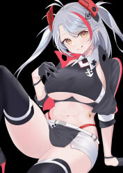 Rule 34 | 1girl, absurdres, anchor symbol, azur lane, belt, black background, breasts, checkered flag, clothing cutout, cropped shirt, cross, flag, gloves, grey hair, half gloves, highres, hxk8732, iron cross, large breasts, looking at viewer, miniskirt, multicolored hair, official alternate costume, panties, panty straps, prinz eugen (azur lane), prinz eugen (final lap) (azur lane), race queen, red panties, simple background, skirt, streaked hair, thighhighs, thighs, tongue, tongue out, underboob, underboob cutout, underwear, white belt, yellow eyes