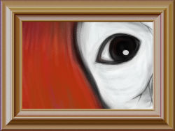 Rule 34 | akechi139, black eyes, close-up, colored skin, cracked skin, creepy, highres, horror (theme), ib (kouri), no humans, painting (object), red hair, single eye, white skin